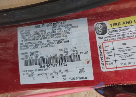 2006 Ford Fusion Sel из США, поврежденный, VIN 3FAFP08Z56R118732